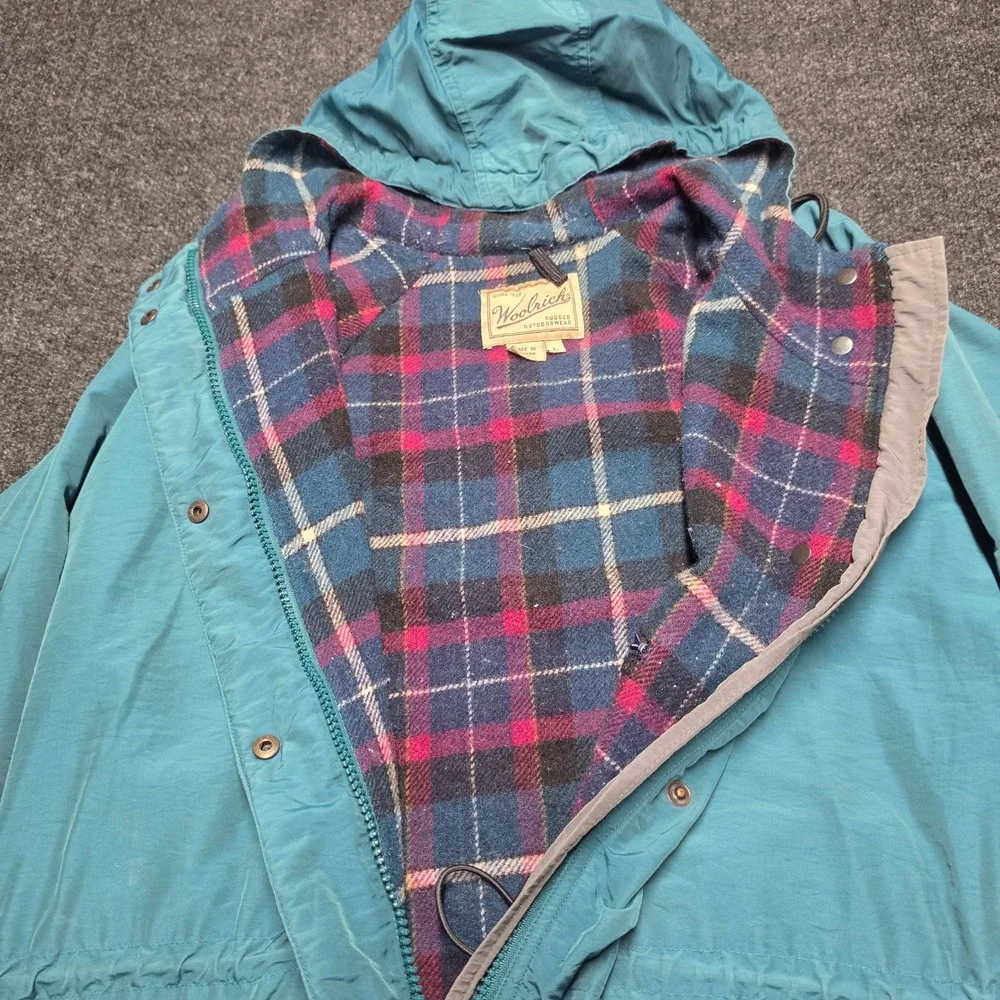 Woolrich Vintage Teal Blue Plaid Flannel Lined Hooded Parka Jacket Large